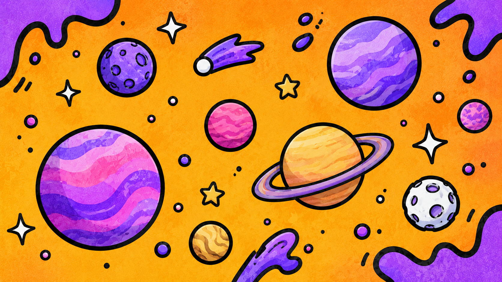 Bunte, im Comic-Stil illustrierte Weltraumszene mit mehreren Planeten in Lila-, Pink- und Orangetönen, einem Saturn mit Ringen, Kometen und Sternen vor orangefarbenem Hintergrund.