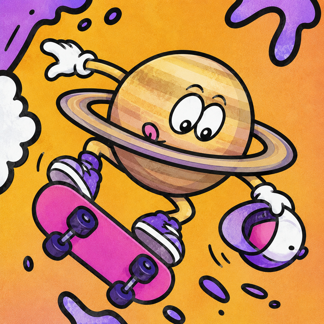 Illustrierter Charakter in Saturn-Form mit Gesicht, Armen und Beinen, fährt Skateboard vor orangefarbenem Hintergrund mit lila Farbklecksen.