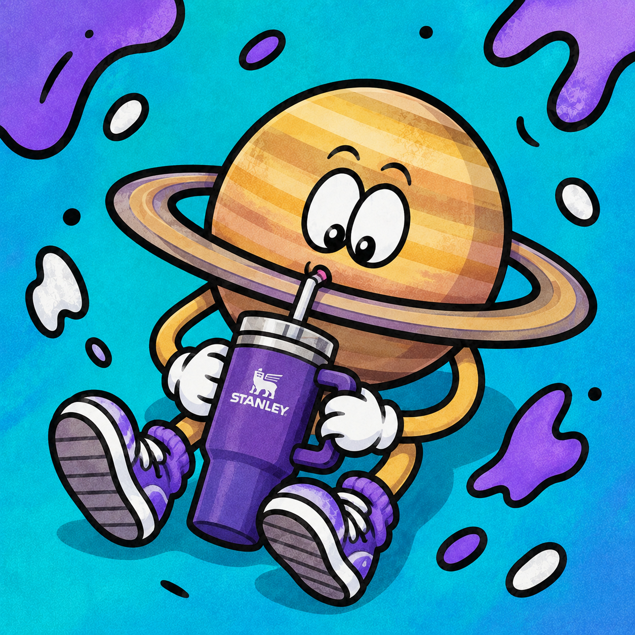 Ringo, illustrierter Saturn-Charakter, hält eine lila Trinkflasche und wartet gespannt.