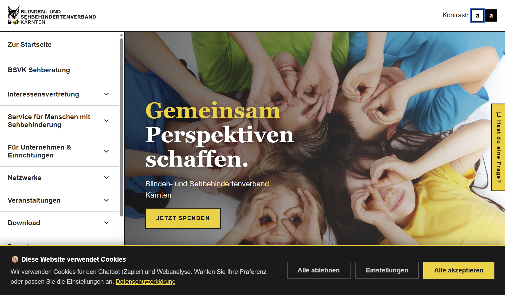 Screenshot der Website des Blinden- und Sehbehindertenverbands Kärnten (BSVK) mit Startseiten-Navigation, Hero-Bereich „Gemeinsam Perspektiven schaffen“ und Cookie-Hinweis.