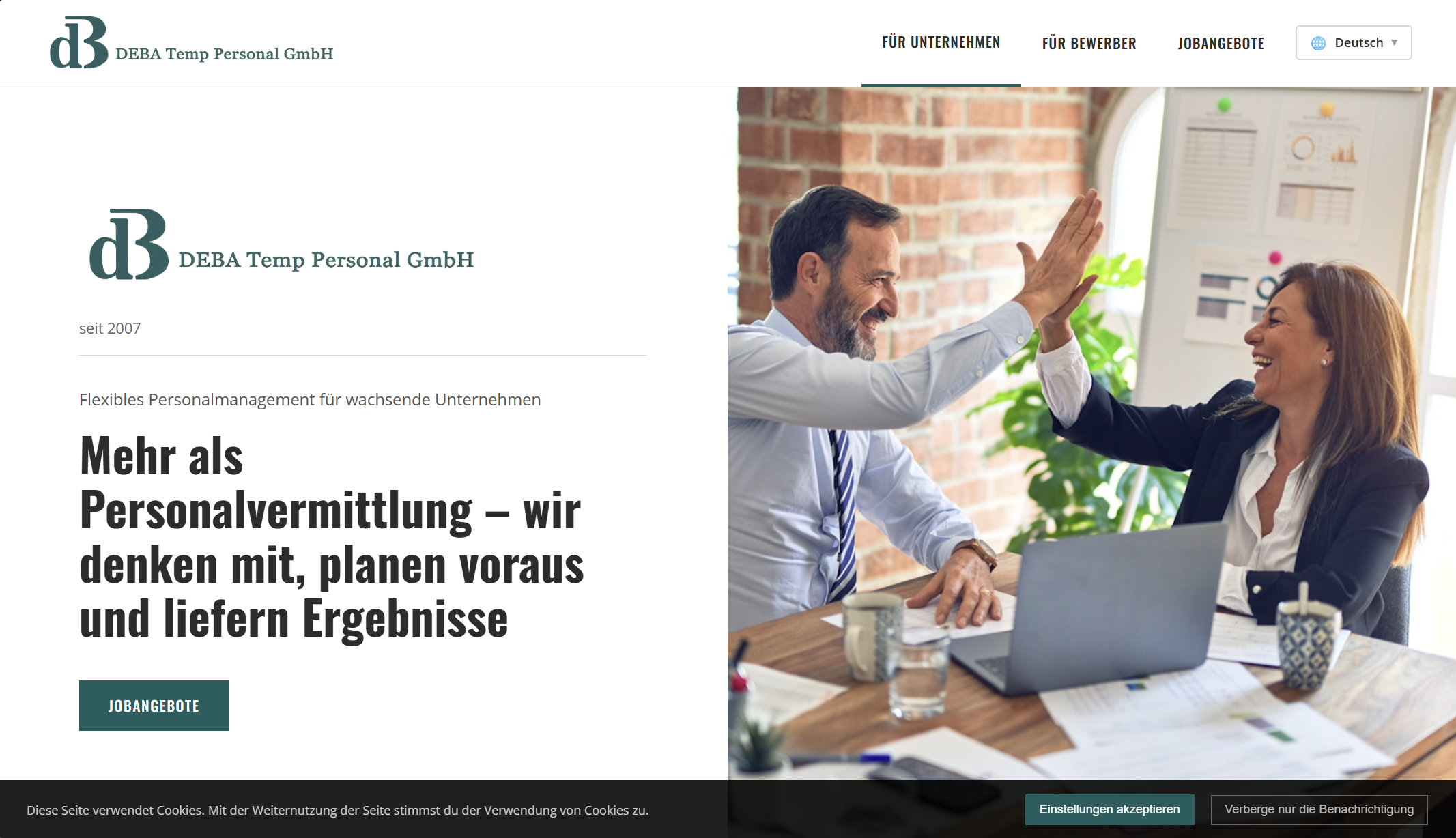Screenshot der Website von DEBA Temp Personal GmbH
